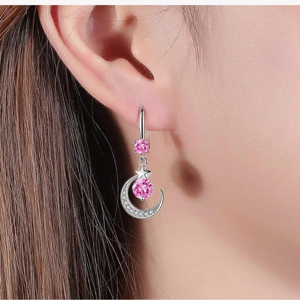 NWOT 925 Sterling Silver Pin Crushed Ice CZ Necklace & Pink Dangling Earrings